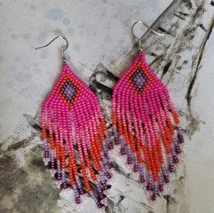 Beaded Earrings Handmade Triangle Dangle Pink Purple & Red Colors NWOT